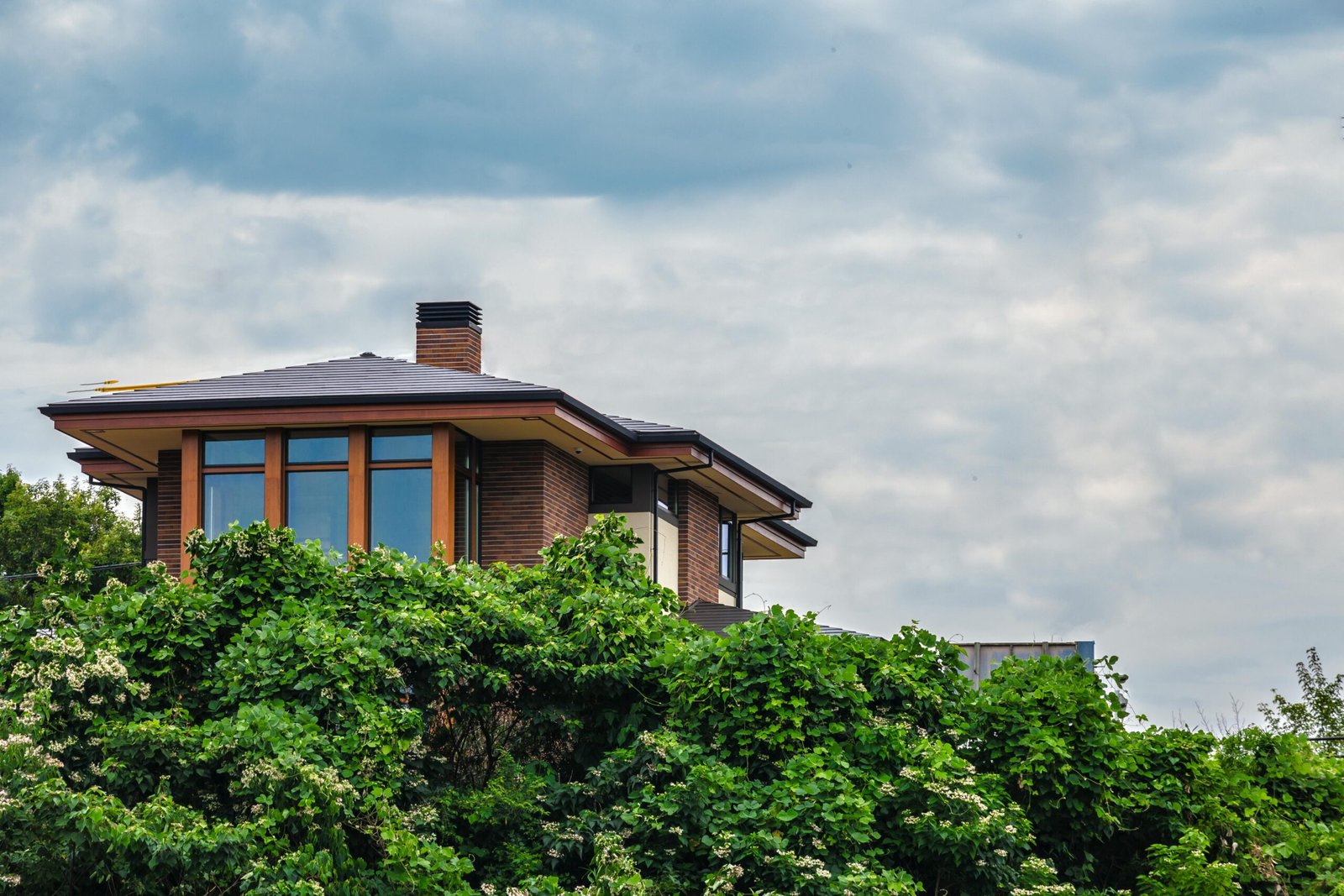 A modern brick house with large windows surrounded by lush greenery under a cloudy summer sky.